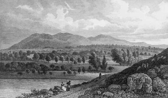 Engraving from "Modern Athens"  -  Published 1829  -  View of the Pentland Hills from Duddingston Loch