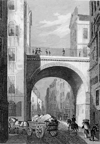 Engraving in 'Modern Athens'  -  South Bridge from the Cowgate