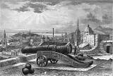 Engraving  -  View from beside Mons Meg at Edinburgh Castle, looking towards Calton Hill