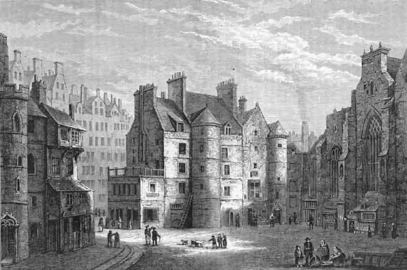 Engraving in 'Old & New Edinburgh'  -  The Old Tolbooth beside St Giles Cathedral