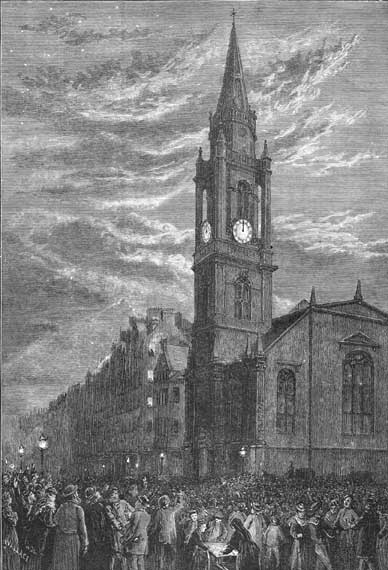 Engraving from  'Old & New Edinburgh'  -  The Tron Church on New Yeaar's Eve