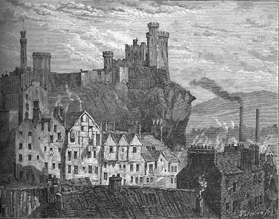 Engraving from 'Old & New Edinburgh'  -  Calton Jail from the back of Shaekspeare Square