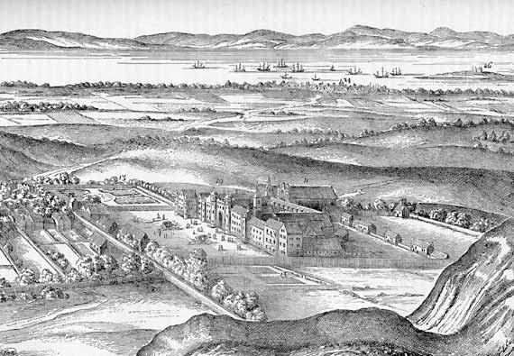 Engraving from 'Old & New Edinburgh'  -  Holyrood Palace and Abbey, and the Firth of Forth