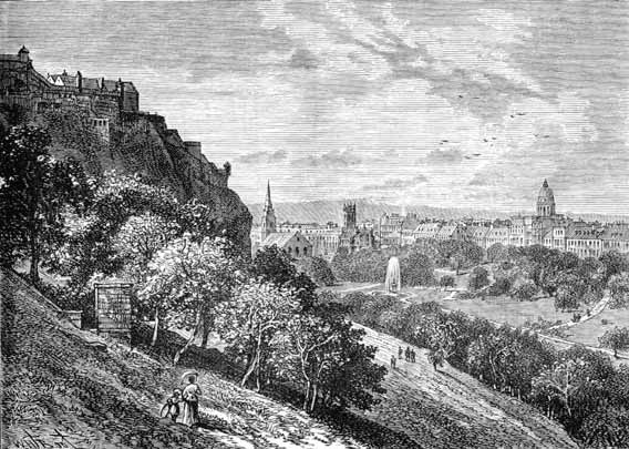 Engraving from 'Old & New Edinburgh'  -  Princes Street Gardens, west