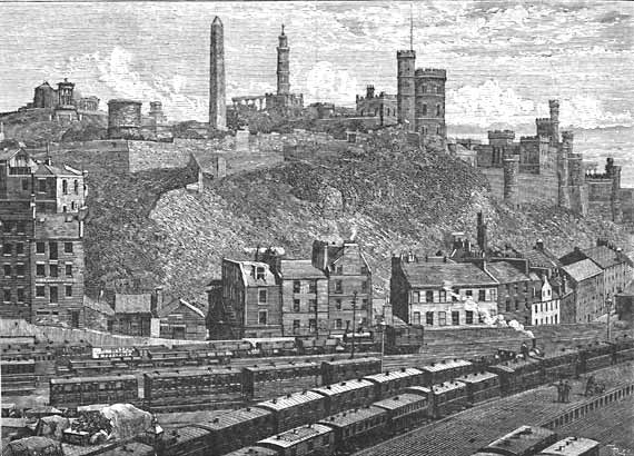 Engraving from 'Old & New Edinburgh'  -  Calton Hill and the railway