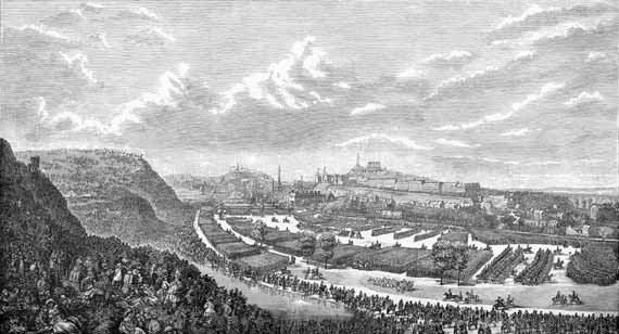 Engraving  in 'Old & New Edinburgh'  -  Volunteer Review in the Queen's Park in 1860