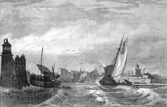 Engraving from 'Old & New Edinburgh'  -  Leith Harbour Entrance