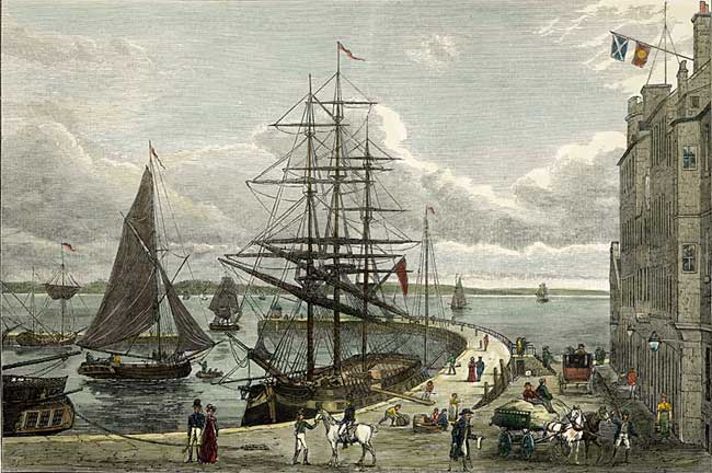 Engraving from "Old & New Edinburgh"  -  Leith Pier and Harbour  -   hand coloured