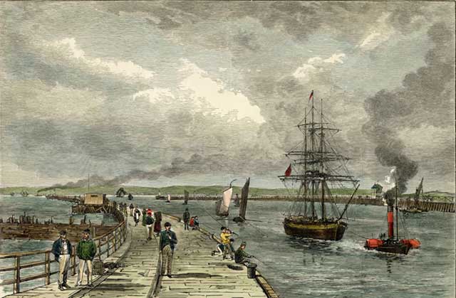 Engraving from 'Old & New Edinburgh'  -  Leith East and West Piers  -  hand coloured