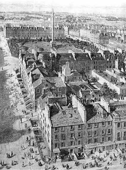 Engraving by Ebsworth  -  View from the top of the Scott Monument looking to the north over Howie's rooftop studio