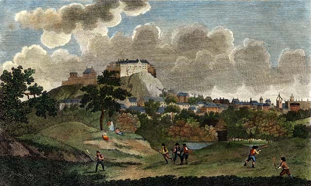 Engraving  -  View from Bruntsfield, looking towards Edinburgh Castle, with shinty in the foreground