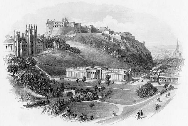 Engraving in 'Modern Athens'  -  Edinburgh New Town from Ramsay Garden