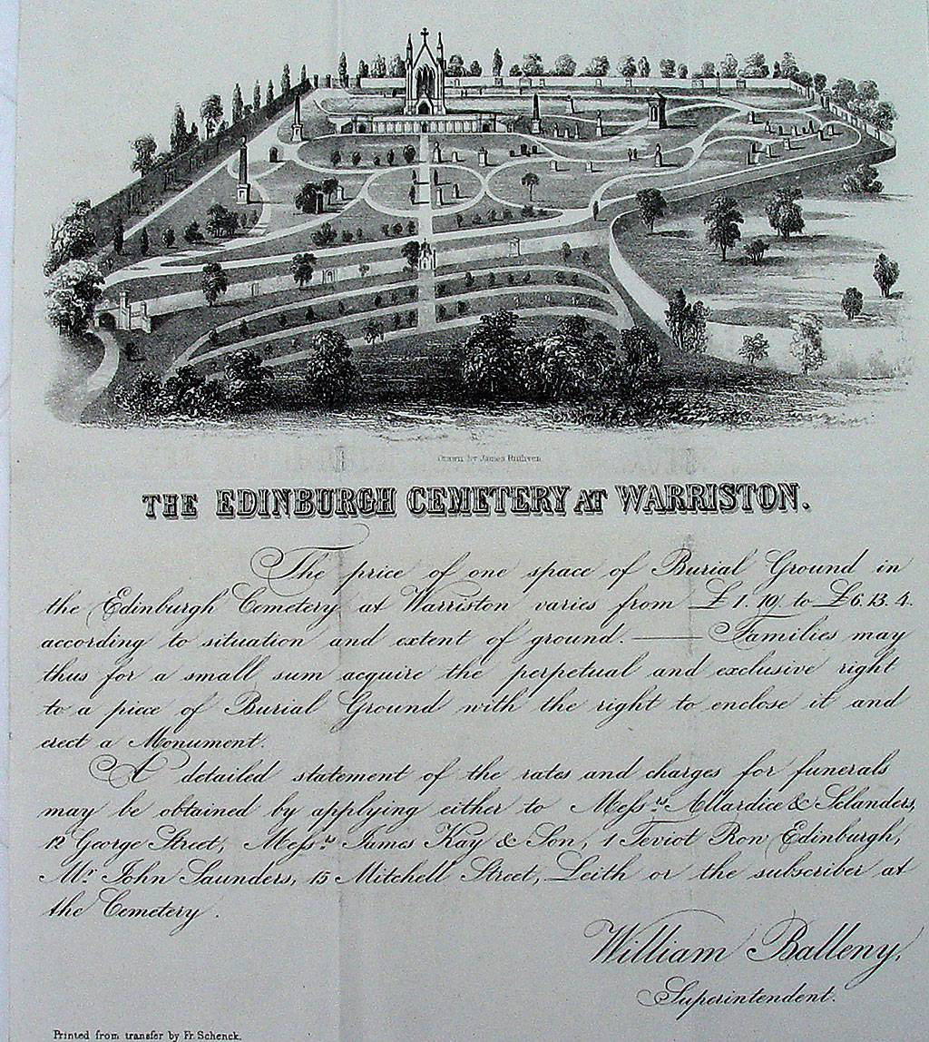 Warriston Cemetery  -  1843 Flier, advertising sites in the cemetery for sale