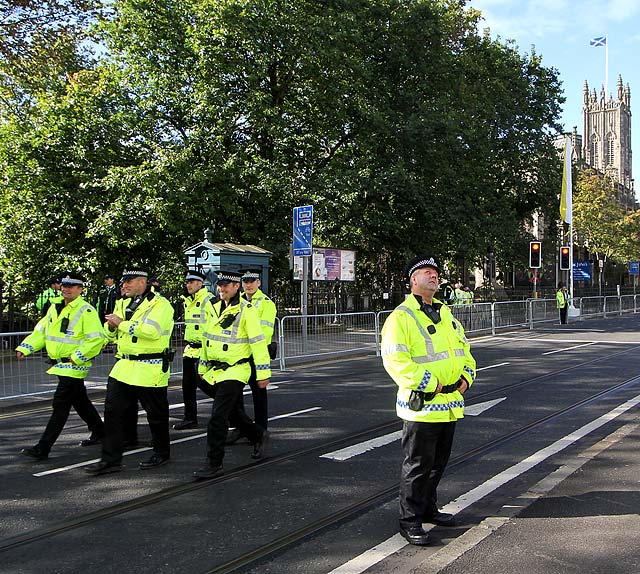 Princes Street, on the day of the visit by Pope Benedict XVI, September 16, 2010  -  Police arriving before the procession