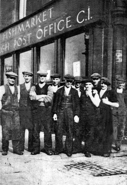 Workers from McDonald & Muir Bond, beside where Britannia Spice Restaurant now stands at the entrance to Leith Docks