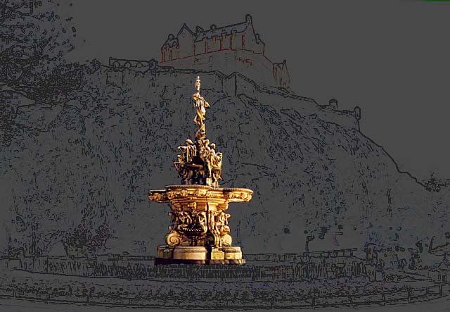 Picture derived from a photograph of the Ross Fountain and Edinburgh Castle  -  21 December 2003