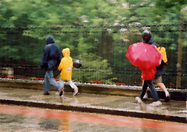 Photograph by Peter Stubbs  -  Edinburgh  -  August 2002  -  Walking down the Mound in wet weather