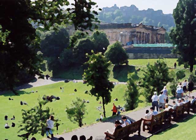 Photographs by Peter Stubbs  -  Edinburgh  -  July 2002  -  View from Princes Street Gardens looking towards the National Galleries of Scotland with Edinburgh Castle on Castle Hill in the background.