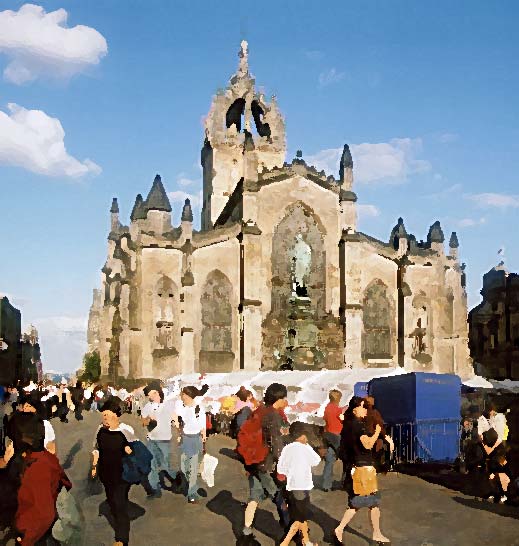 Photograph by Peter Stubbs  -  Edinburgh  -  August 2002  -  St Giles Church in the High Street, during Edinburgh Festival