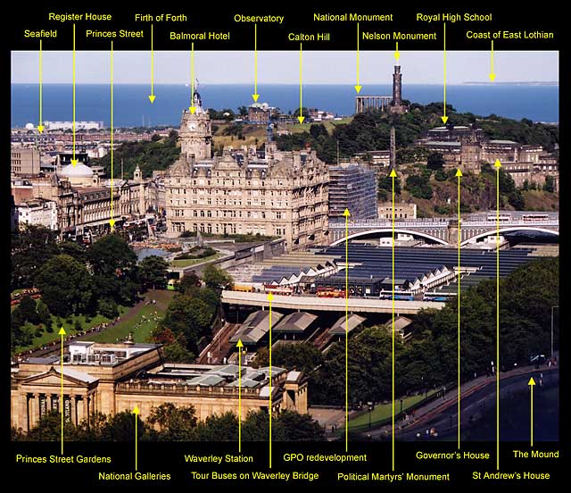 View to the north-east from Edinburgh Castle (with key)  -  August 2004