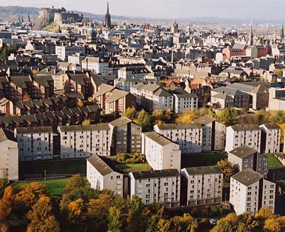 Photograph by Peter Stubbs  -  Edinburgh  -  November 2002  -  View to the west from the slopes of Arthur's Seat in Queen's Park  -  looking over the new housing at Drumbiedykes towards Edinburgh Castle