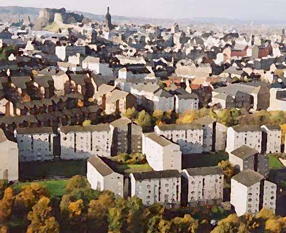 Photograph by Peter Stubbs  -  Edinburgh  -  November 2002  -  View to the west from Arthur's Seat in Queen's Park, looking over the new housing of Drumbiedykes towards Edinburgh Castle