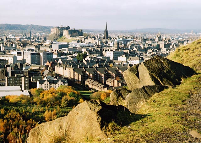 Photograph by Peter Stubbs  -  Edinburgh  -  November 2002  -  View from the slopes of Arthur's Seat in Queen's Park  -  Looking to the north-west towards the Old Town of Edinburgh and Edinburgh Castle