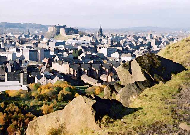 Photograph by Peter Stubbs  -  Edinburgh  -  November 2002  -  View from the slopes of Arthur's Seat in Queen's Park  -  looking to the north-west towards the Old Town of Edinburgh and Edinburgh Castle 