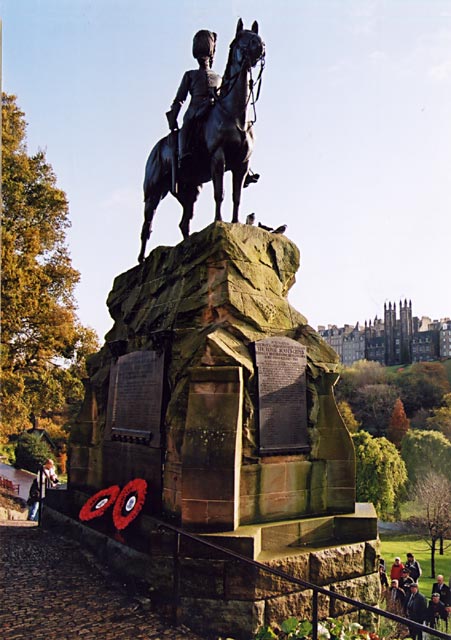 Photograph by Peter Stubbs  -  Edinburgh  -  November 2002  -  The Royal Scots Greys statue in East Princes Street Gardens, photographed on Remembrance Day, following the laying of Poppy Wreaths at the statue