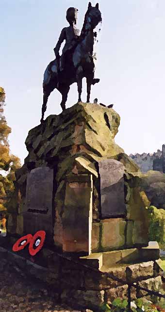 Photograph by Peter Stubbs  -  Edinburgh  -  November 2002  -  The Royal Scots Greys statue in West Princes Street Gardens, photographed on Remembrance Day, 10 November 2002, following the laying of poppy wreaths at the statue.