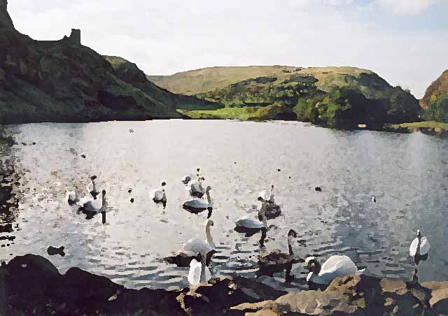 Photograph by Peter Stubbs  -  Edinburgh  -  November 2002  -  Looking to the south-west across St Margaret's Loch towards the ruins of St Anthony's Chapel in Queen's Park