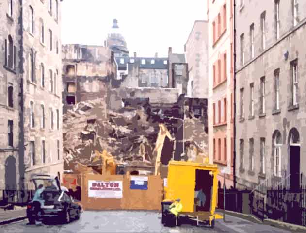 Photograph by Peter Stubbs  -  Edinburgh  -  2002  -  Fire in the Old Town of Edinburgh  -  after the collapse of the wall in Cowgate