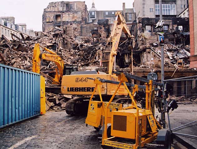 Photograph by Peter Stubbs  -  Edinburgh  -  December 2002  -  Fire in the Old Town of Edinburgh  -  after the collapse of the wall in the Cowgate (close-up)