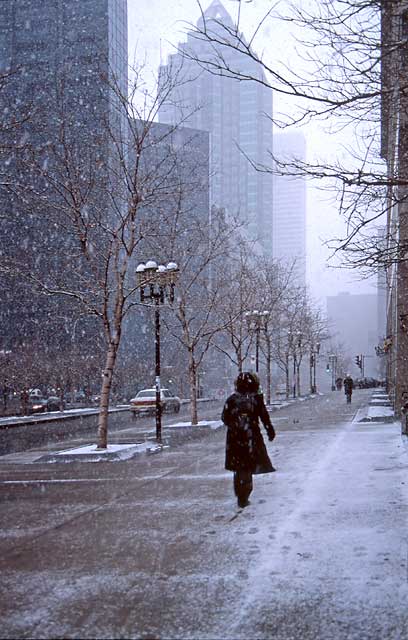A late-winter snowstorm in Downtown Montreal
