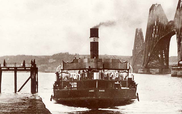 The Forth Rail Bridge and the ferry boat, Dundee, on the Queensferry Passage at South Queensferry  -  some time between 1920 and 1948