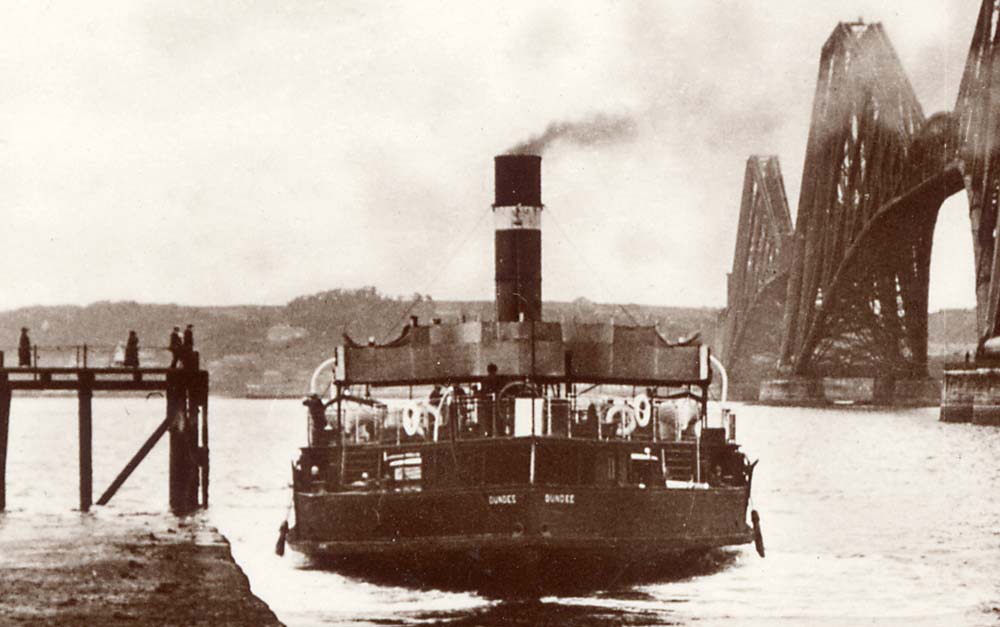 The Forth Rail Bridge and the ferry boat, Dundee, on the Queensferry Passage at South Queensferry  -  some time between 1920 and 1948