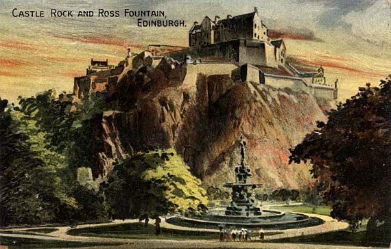 Post carrd of the Ross Fountain in Princes Street Gardens and Edinburgh Castle in the style of an oil painting