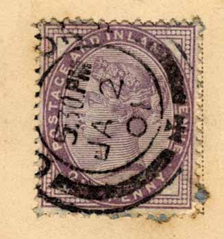Queen Victoria Penny Stamp  -  on a Postcard, posted 1901