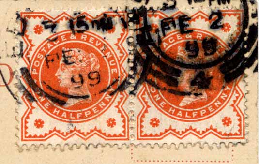 Two Queen Victoria Halfpenny Stamps  -  on a Postcard, posted 1899