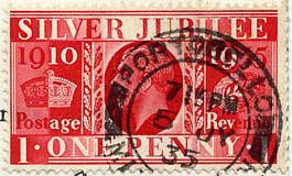 Penny Silver Jubilee commemorative stamp on a postcard posted 1935