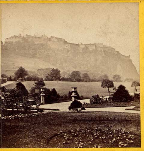 Enlargement of a Stereo View of Edinburgh Castle from Princes Street Gardens, taken by Archibald Burns