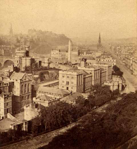 Enlargement of Archibald Burns stereo card  -  View from Calton Hill towards Edinburgh Castle and Princes Street