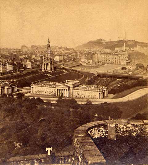 Enlargement of Archibald Burnns stereo card  -  View from Edinburgh Castle towards Princes Street