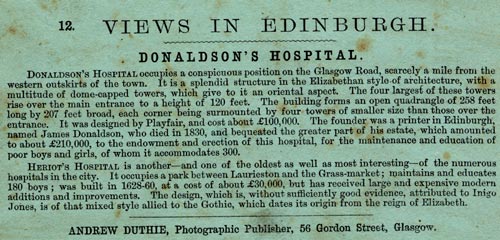 The description on the back of a Stereo View of Donaldson's Hospital, Edinburgh  -  by Andrew Duthie, Glasgow