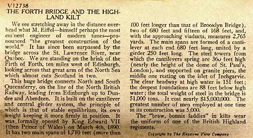 Description on the back of a Stereo View of the Forth Bridge and Pipers by Keystone View Company