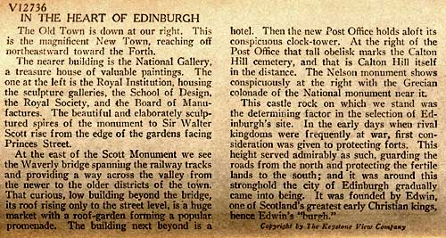 Description on the back of a Stereo View looking down on Princes Street from Edinburgh Castle by Keystone Publishing Company