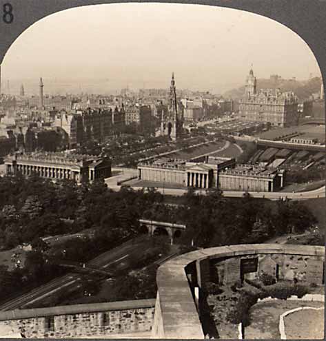 Enlargement from a stereoscopic view by Keystone View Company  -  Looking down towards Princes Street and the Calton Hill from Edinburgh Castle