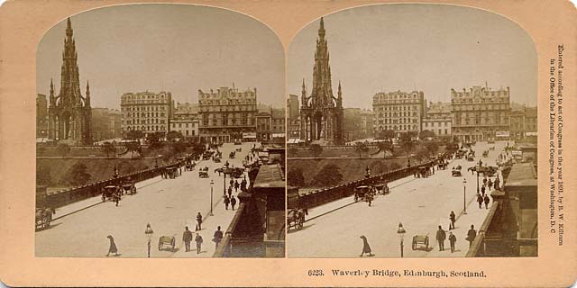 Stereo View by BW Kilburn  -  Waverley Bridge, looking towards Princes Street and the Scott Monument