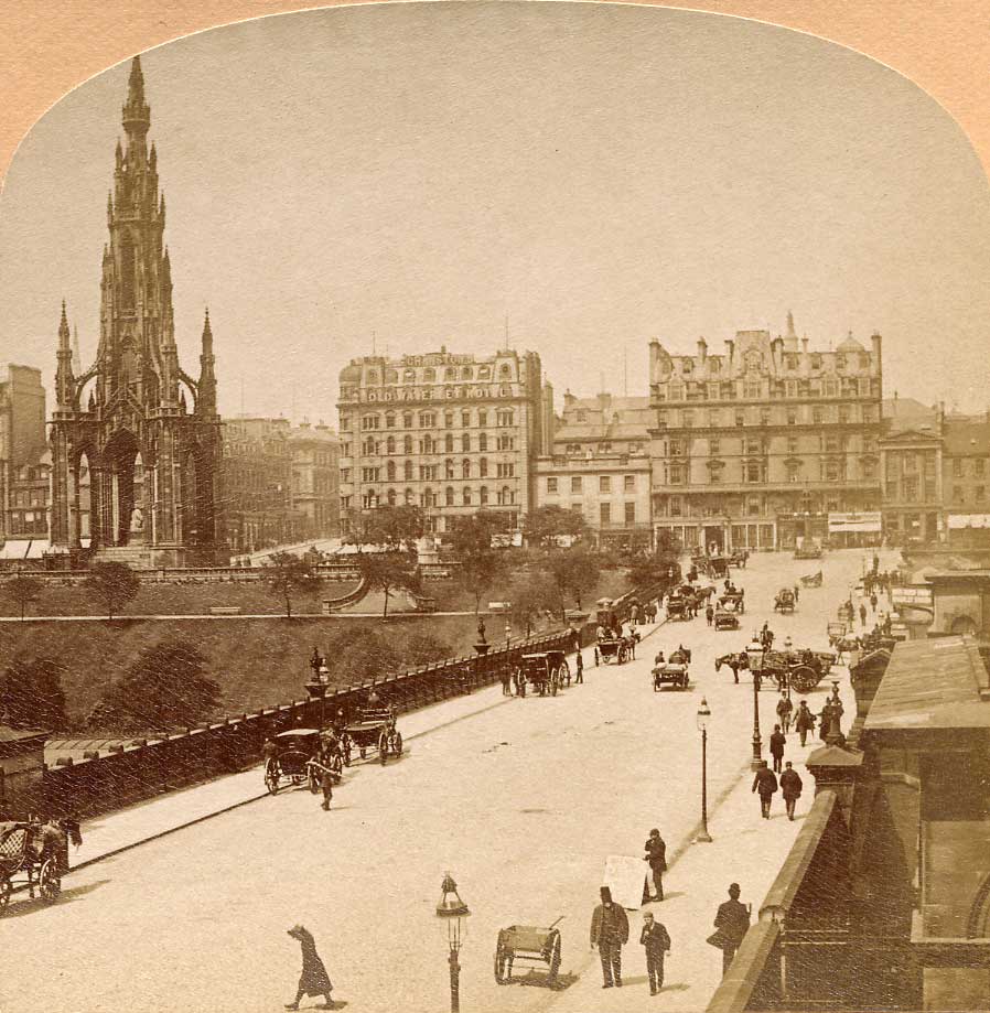 Enlargement from a stereo view by Kilburn  -  Waverley Bridge, looking towards Princes Street and the Scott  Monument (left)