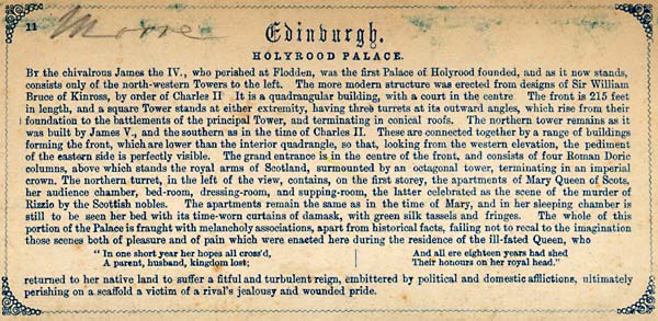 Description on the back of a Stereo View of Holyrood Palace from Holyrood Palace Gates  -  from Lennie